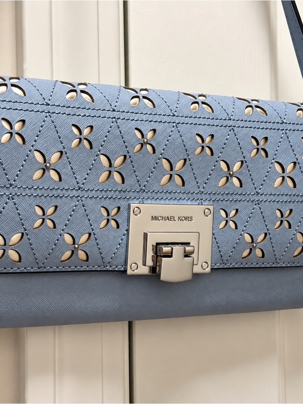 Michael Kors Powder Blue Laser-Cut Leather Clutch with Silver Hardware